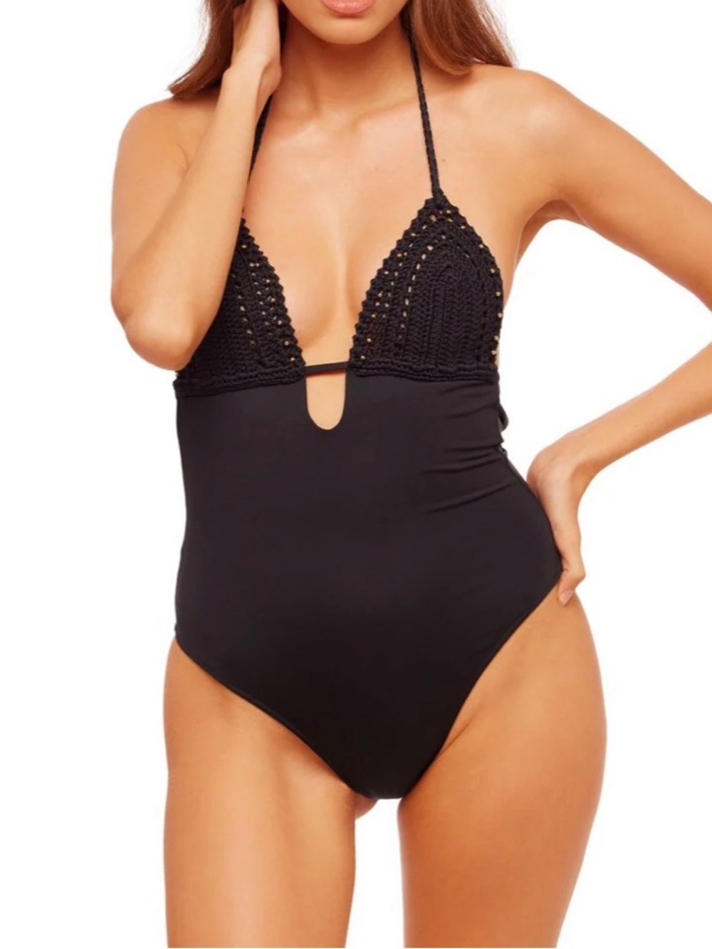 JMP the label Caracas Black Crochet Plunge One-Piece Swimsuit